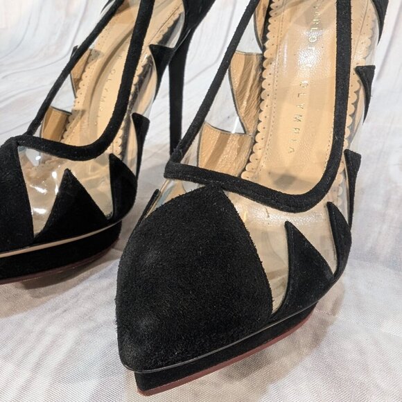 Charlotte Olympia Black Suede & PVC Dolly Heels Size 36 - Picture 4 of 12